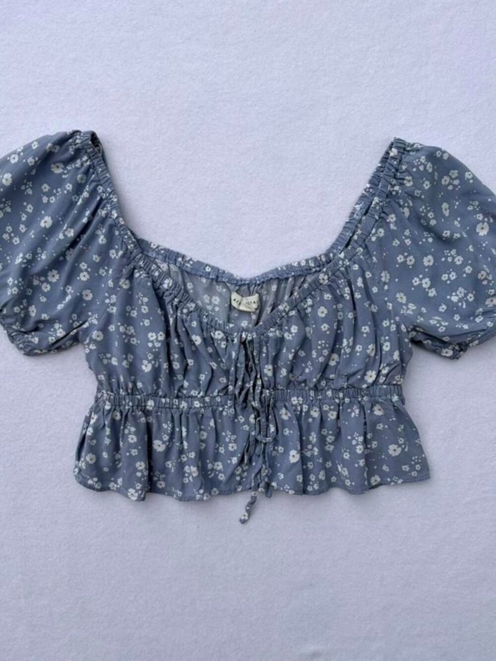 Aeropostale Blue White Floral Tie Front Puff Sleeve Crop Top Sz L Cottagecore